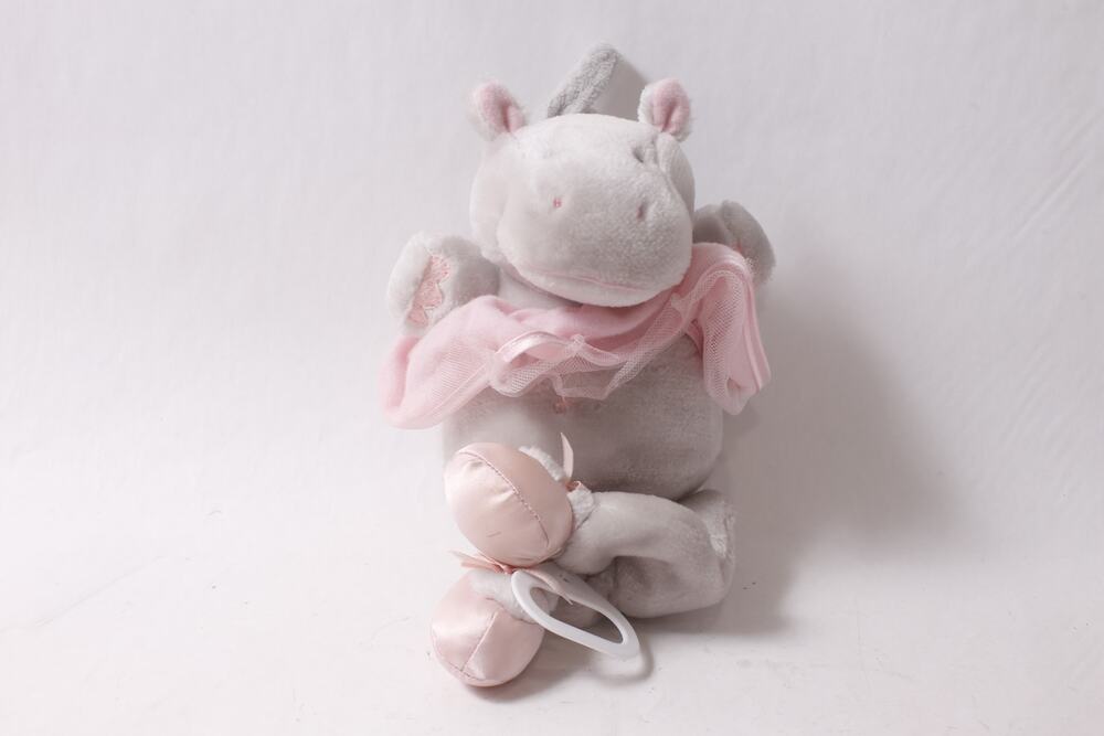 1998 Kids II Gray Hippo Plush Vintage Nursery Musical Pull Toy ~ 260612-WH 1102